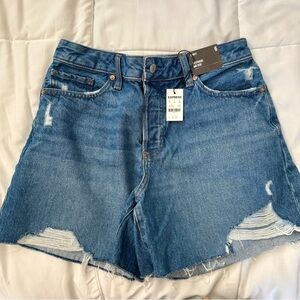 Express Distressed Boyfriend Mid-Rise Jean Shorts in Blue Denim